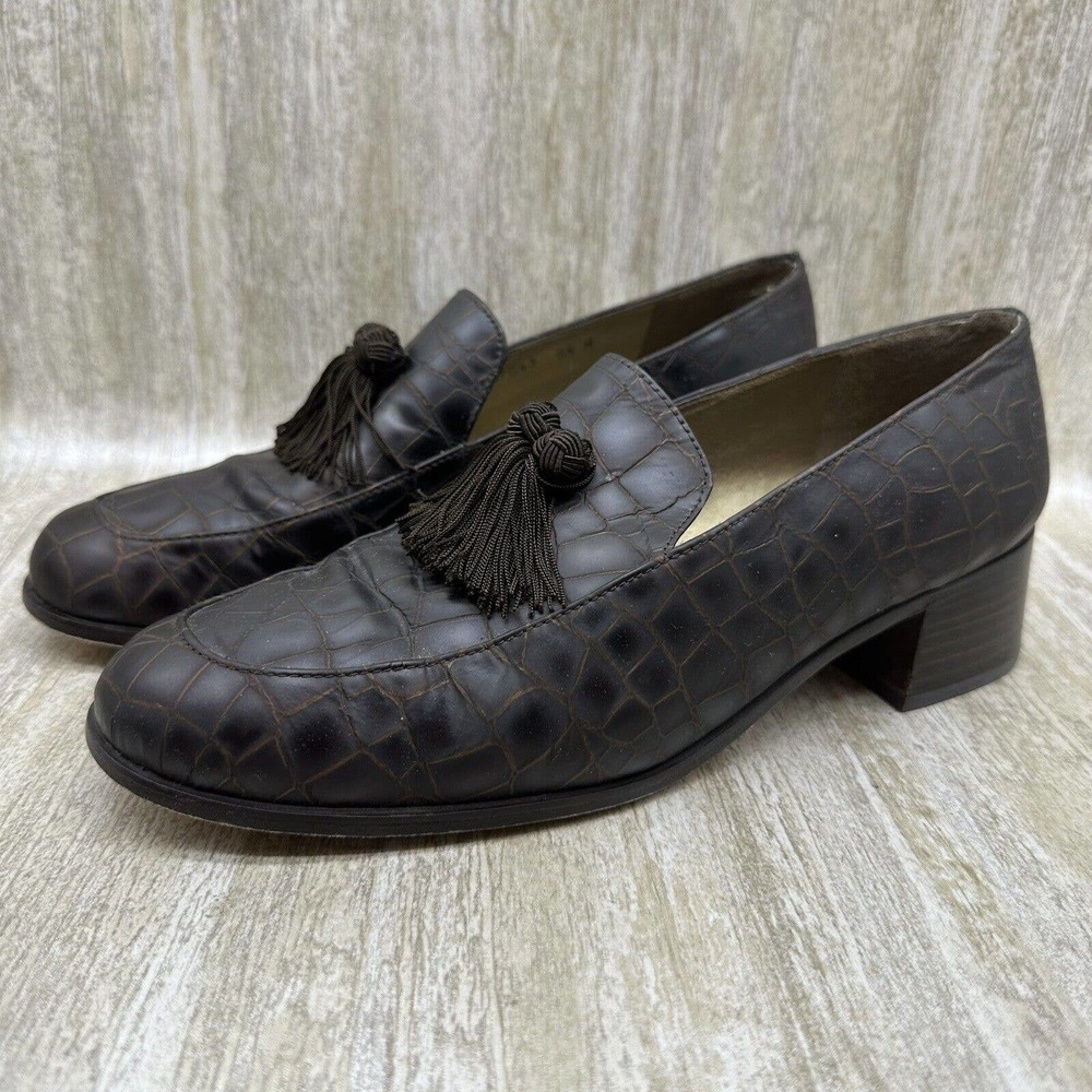 Stuart Weitzman Loafers Womens Size 8.5 M Croc Embossed Leather Pump Tassel